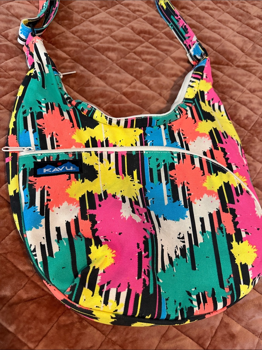 Kavu Multicolor Canvas Shoulder Bag — Teal, Pink, Yellow, Blue, Black